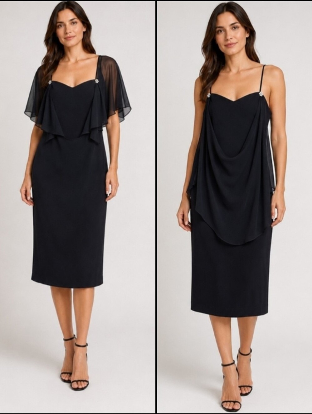 Womens Black Formal Midi Sheath Dress Chiffon Shawl Overlay Rhinestones Size 10